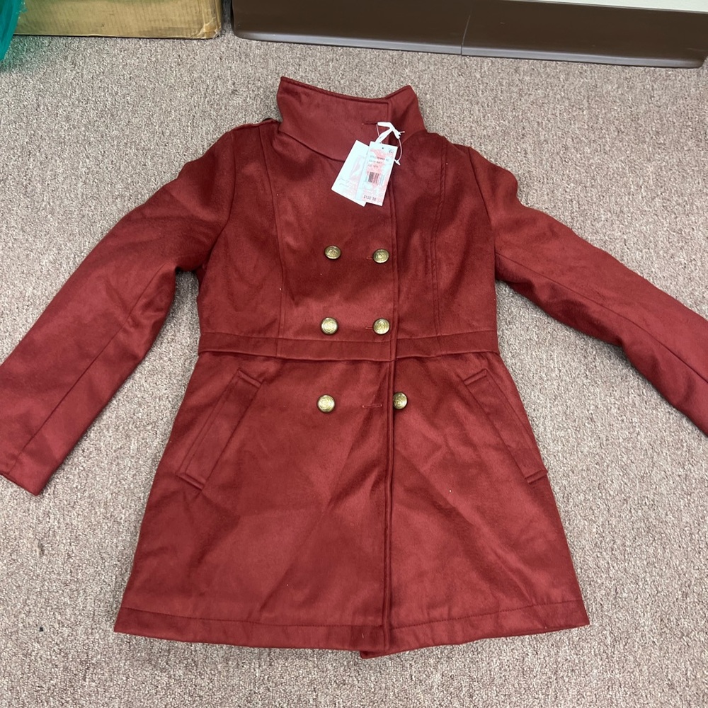 Jessica Simpson Red Pea Coat with High Collar and Fitted Waist